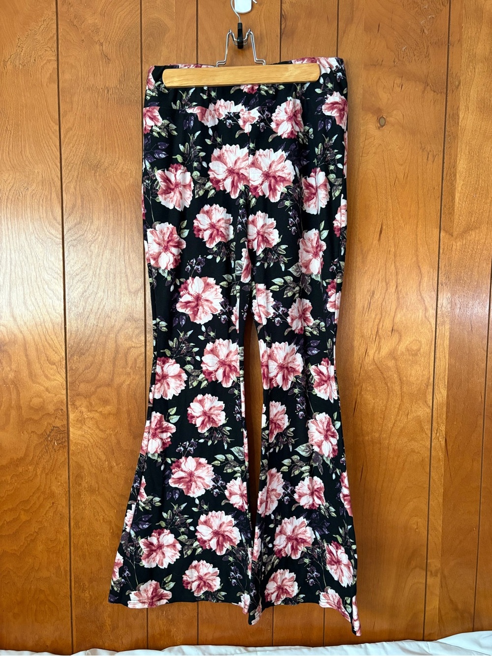 No Boundaries Black flare Leggings with Pink Floral Pattern